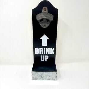 Black Wooden Wall Mounted Bottle Opener with Bottle Cap Tray